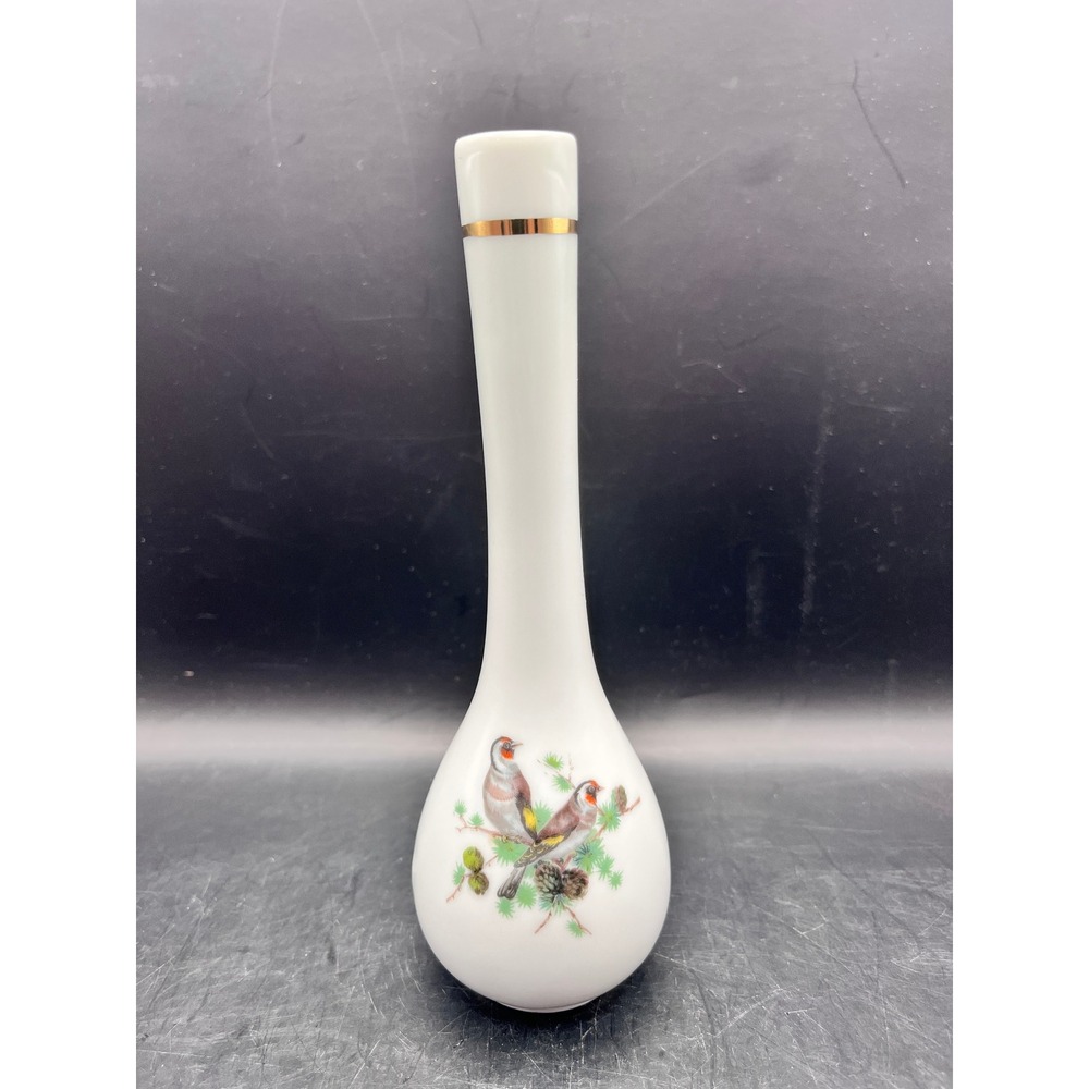 Vintage Ceramic Bud Vase Goldfinch Bird Floral Accent Gold Trim‎ 002 7.25" Japan
